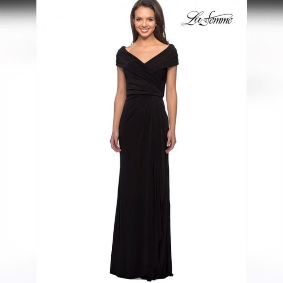 La Femme Black Column Ruched Dress 26519 - Picture 1 of 7